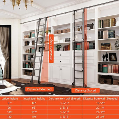 DIYHD 108" Rolling Library Ladder with Handrail, 4FT Sliding Rail, Black | 9-Step lightweight ladder with space-saving upright storage, Telescopic top hooks, Locking bottom rollers, 300lbs capacity