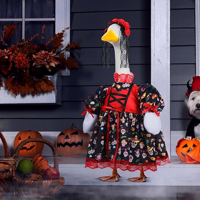 Suzile Halloween Goose Outfit Dresses Clothes for 23" Dia De Los Muertos Cement or Plastic Porch Goose Costume for Yard Lawn Outdoor Garden Patio Statue Halloween Holiday Decor