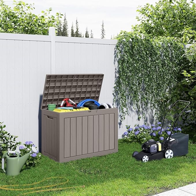 46 Gallon Outdoor Deck Box,Storage Lockable Waterproof Patio Furniture,Garden Tools,Cushions,Pool Accessories Outside Storage Resin Box(Grey)