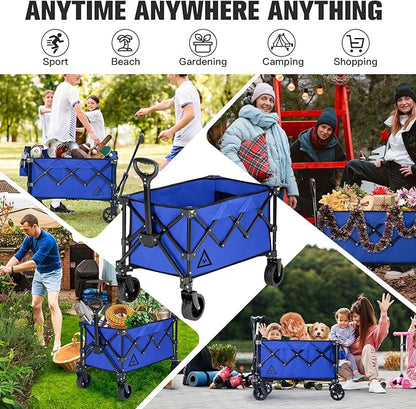 Wagon Cart Shopping Foldable Folding Collapsible with Wheels Big On Beach Garden Outdoor Grocery Heavy Duty Utility All Terrain Portable Wagons Carts for Groceries Sand Camping Sports Blue
