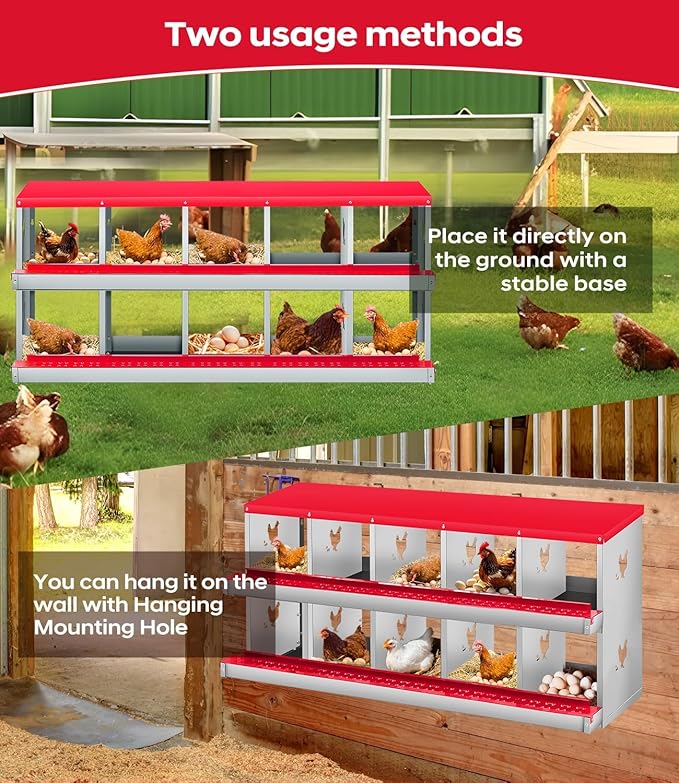 Chicken Nesting Box, 6/8/10 Compartment Metal Nesting Box,Wall Mount Chicken Nesting Boxes for Laying Eggs,Easy Egg Collection,6 Room Nest Boxes for Chickens