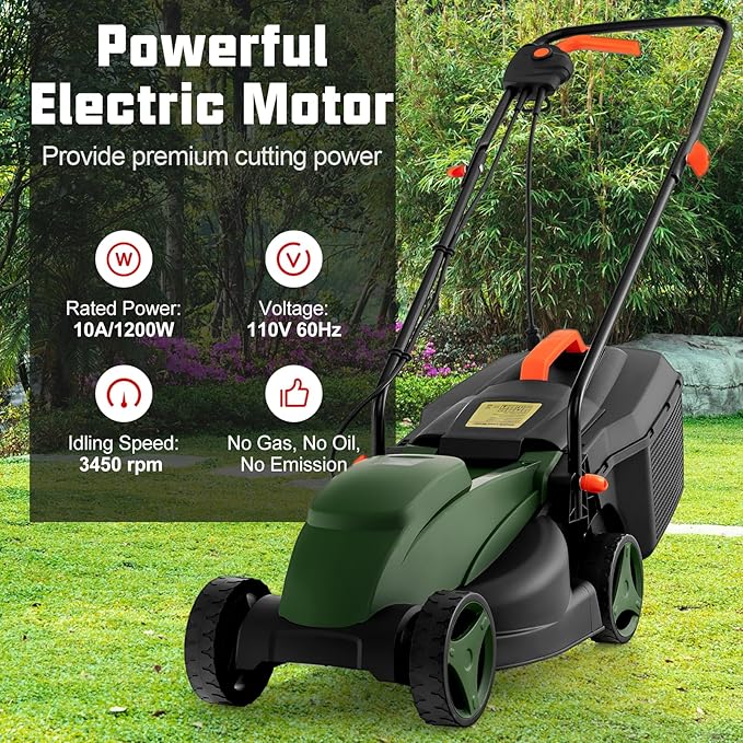 Electric Lawn Mower, 13" Corded Lawnmower with 10 Amp Copper Motor, 6.6-Gallon Grass Collection Box & 3-Position Heights, Push Lawn Mower Electric De-thatcher for Garden & Farmyard (Green)