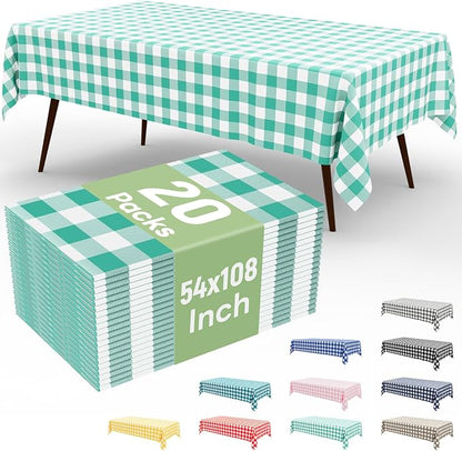 20 Packs Buffalo Disposable Table Cloth, 54 x 108 Inch Waterproof Plastic Tablecloth, Rectangle Teal and White Checkered Table Covers for Picnic, Birthday, Party, Back to School