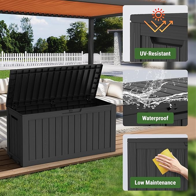 Mars Villa 72 Gallon Deck Box, Outdoor Storage Box Waterproof, Outside Resin Storage Bin for Patio Furniture Cushions, Pool Supplies, Garden Tools, UV-Resistant and Weatherproof, with 4 Wheels, Black