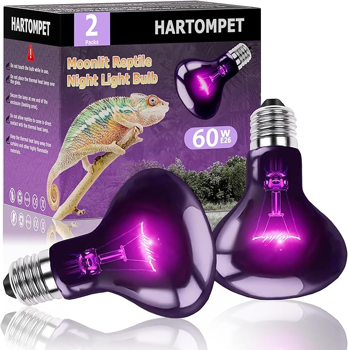60W Reptile Night Light Bulb - Simulated Moonlight & Purple Heat Lamp for Reptiles and Amphibians - Perfect UVA Basking Light for Bearded Dragons, Lizards and Aquatic Tanks