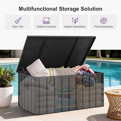 PURPLE LEAF Outdoor Deck Box 100 Gallon Waterproof Lockable Storage Box Container with Lid Deck Organization for Patio Cushions Side Table Pool Accessories Garden Tools, Gray