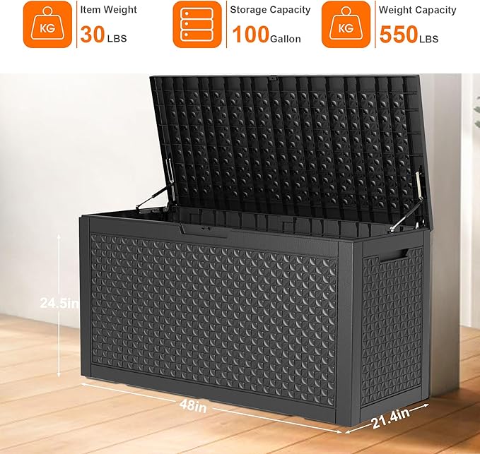 New 100 Gallon Outdoor Storage Box – Resin Deck Box with Lockable Lid, Waterproof Patio Furniture Storage for Tools, Garden & Yard Organization
