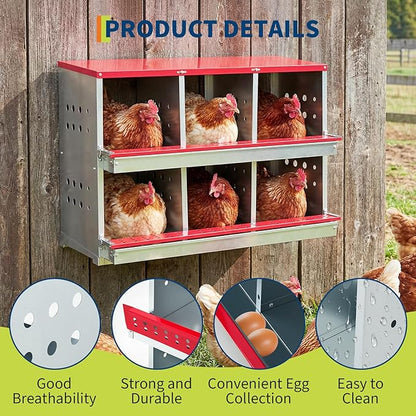 Heavy Duty Metal Chicken Nesting Box – 6 Compartments, Rollaway Egg Collection, Ventilated, Resting Perch, Wall Mounted/Floor, Easy Clean, Red Covered, 96×48×71cm, with Cover