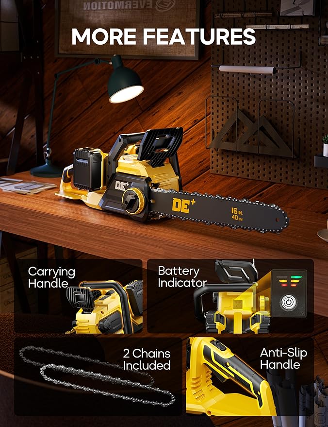 DeForce 16" 40V Cordless Electric Chainsaw, for DeWalt 20V Max Batteries, Brushless Battery Powered Chain Saw, with Auto Oiler, Handheld Chainsaw for Wood Cutting Tree Pruning(Bare Tool Only)