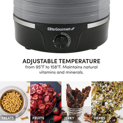 Elite Gourmet EFD319DKG Food Dehydrator, 5 BPA-Free 11.4" Trays, Black/Grey | Adjustable temperature controls - makes jerky, herbs, fruit & veggies into dried snacks - a handy meat & herb drying option