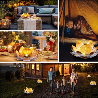 Garden Solar Lights Outdoor(2Pack) , Amber Crackle Globe Glass Lotus Decoration , Waterproof Orange Metal LED Flower Lights for Patio,Lawn,Walkway,Tabletop,Ground, Garden Gifts for Women