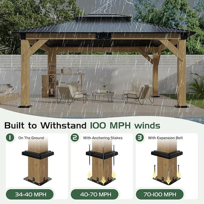 AMERLIFE 13x15 Hardtop Gazebo, Spruce Wood Gazebo with Storage Bar Counter, Outdoor Pavilion with Double Iron Roof, for Patio, Lawns, Garage, Black + Natural Wood