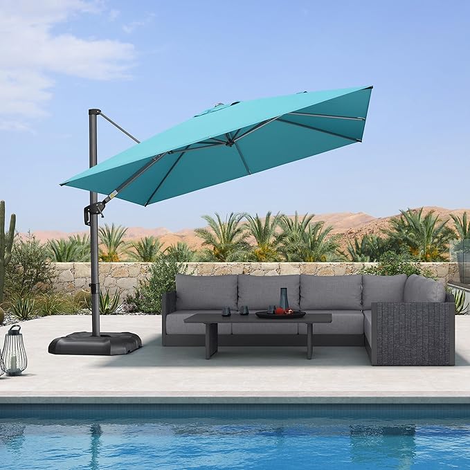 PURPLE LEAF 10 Feet Patio Umbrella Outdoor Cantilever Square Umbrella Aluminum Offset Umbrella with 360-degree Rotation for Garden Deck Pool Patio Turquoise Blue