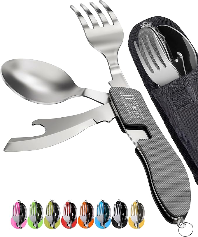 Orblue 4-in-1 Camping Utensils, 2-Pack - Portable Stainless Steel Spoon, Fork, Knife & Bottle Opener Combo Set - Travel, Backpacking Cutlery Multitool, Gray