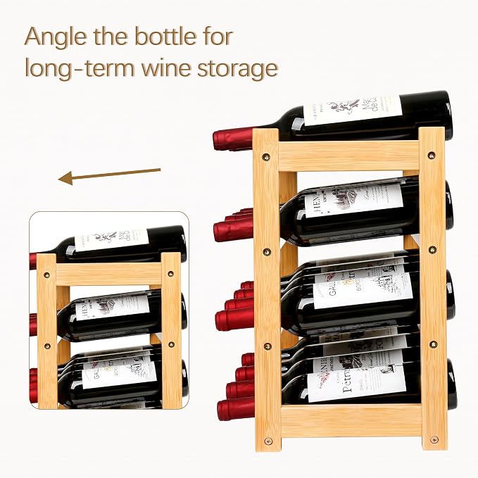 VASMIA Wine Rack, 4-Tier Bamboo Wine Racks Countertop,Sturdy and Durable Wine Storage Cabinet Shelf,16 Bottles Wine Holder for Kitchen Pantry, Natural