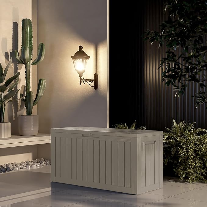 80 Gallon Waterproof Large Resin Deck Box Indoor/Outdoor Lockable Storage Container and Seating for Garden, Pool, and Patio (80 Gallon, Grey)
