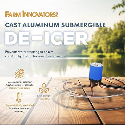 Farm Innovators 1500 Watt Cast Aluminum Submergible Water Tank Heater Deicer with Self Regulating Thermostat for Farm and Home, Silver