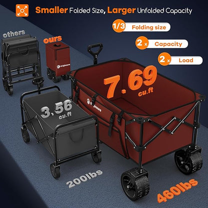 220L Collapsible Wagon Cart Foldable, 460lbs Load Capacity Heavy Duty Folding Beach Wagons with Big All-Terrain Wheels, Utility Carts for Groceries, Shopping, Camping, Sports - Red