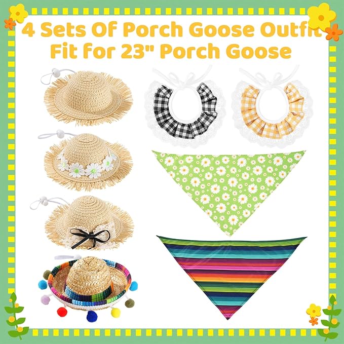 4 Set Porch Goose Outfits for 23"& 17" Goose Statue, Straw Hats & Bow Tie Porch Goose Cloth Set for Outdoor Yard, Garden and Lawn Patio Decor