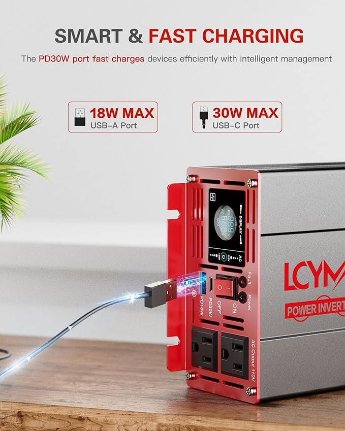1500 Watt Pure Sine Wave Power Inverter DC 12V to AC 110/120V with Dual Outlets USB-C 30W USB-QC 18W Fast Car Charger Adapter LCD Display and Remote Control Converter for Off-Grid Home RV Solar System