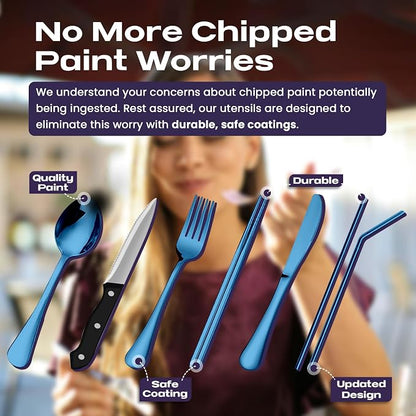 Taplord Portable Travel Silverware Set With Case, Includes 10 Pcs of Travel Utensils With Case, Stainless Steel Flatware Set For Camping, Lightweight (Blue)