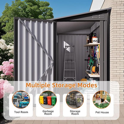 4x9 FT Outdoor Storage Shed,Lean to Metal Shed W/Window,All Weather Waterproof Garden Storage Shed W/ 6 Air Vents & 1 Lockable Door,Weatherproof Tool House W/Sloped Roof,for Lawn,Gray