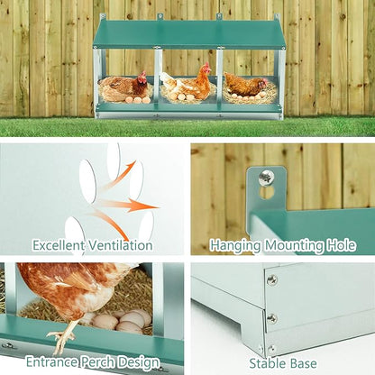 Chicken Nesting Box, 3 Compartment Hens Nest Boxes, Metal Nesting Chicken Laying Box for Outdoor Chicken Coop Cages Farm Yard, Green (3 Holes)