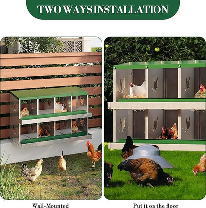 Metal Nesting Boxes for Chickens - 10 Compartments Chicken Roosting Boxes, Chicken Coop Nest Box with Perch & Lid - Versatile Wall Mount or Free Standing for Backyard Flocks, Homesteads, Farms