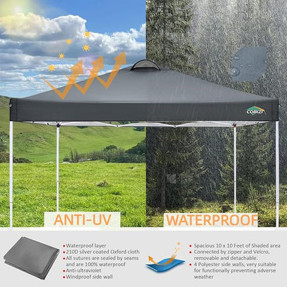 COBlZI 10x10 Pop Up Canopy Tent with 4 Removable Sidewalls，Waterproof Commercial Easy Adjustable Gazebo Tent with Air Vent, 4 Sandbags，4 Stakes & 8 Ropes（Tents for Party/Exhibition,Grey