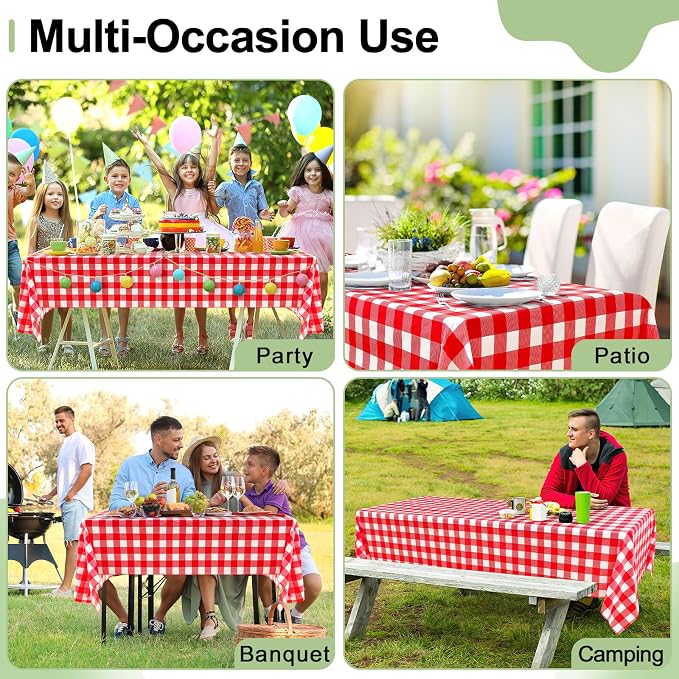 4 Packs Buffalo Disposable Table Cloth, 54 x 132 Inch Waterproof Plastic Tablecloth, Rectangle Red and White Checkered Table Covers for Picnic, Birthday, Party, Back to School
