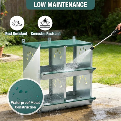 4 Compartment Metal Chicken Nesting Box, Roll Out Hen Laying Box for Easy Egg Collection, Wall Mount Poultry Nest Box for Backyard Chickens, Green, 22.05" L x 16.92" W x 25.59" H