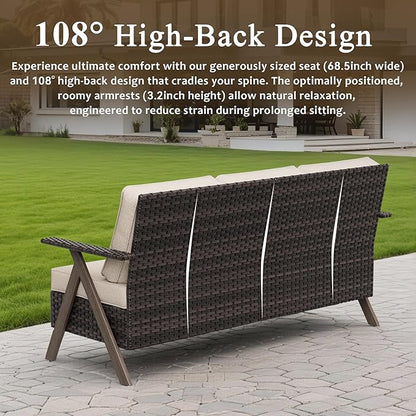 6 Piece Patio Furniture Set, Wicker Patio Conversation Set with Swivel Glider Chair and Outdoor 3-Seater Sofa and 2 Ottomans and Side Table for Deck Yard and Poolside
