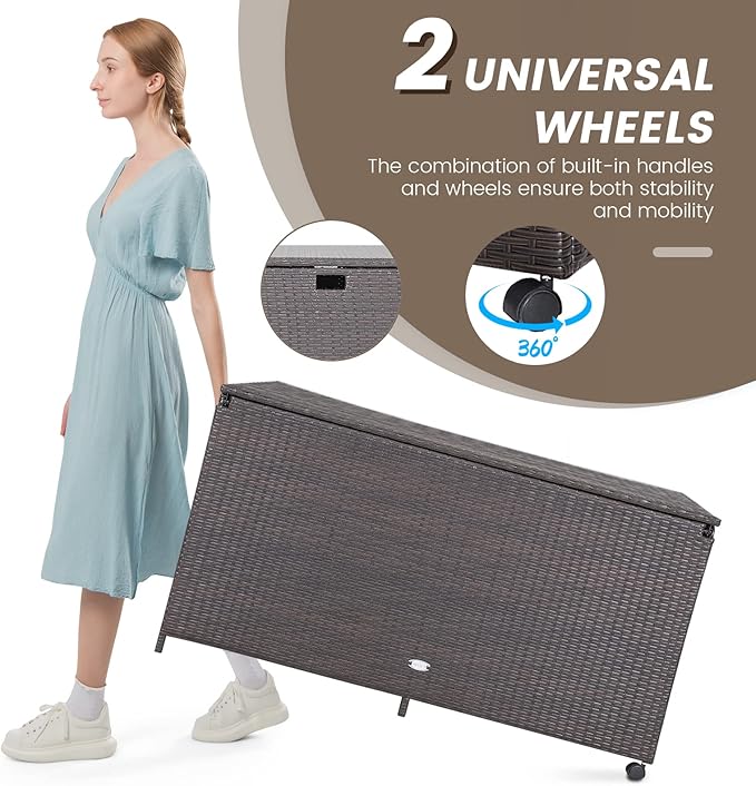 Tangkula 133 Gallon Deck Storage Box, Patio Rattan Storage Container with 2 Universal Wheels, Safety Pneumatic Rod, Zippered Liner, Sturdy Steel Frame, Ideal for Backyard, Poolside