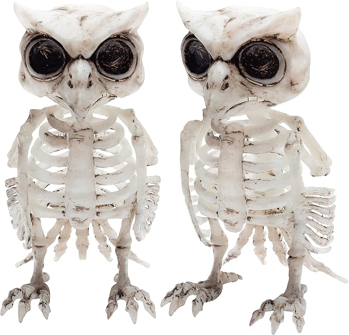 SCS Direct Owl Skeleton Halloween Decoration (2 Pack) - 6.5" Long - Weather Resistant for Indoor/Outdoor - Upgrade Your Fall Graveyard Haunted House Party Props, Trick-or-Treat Decor