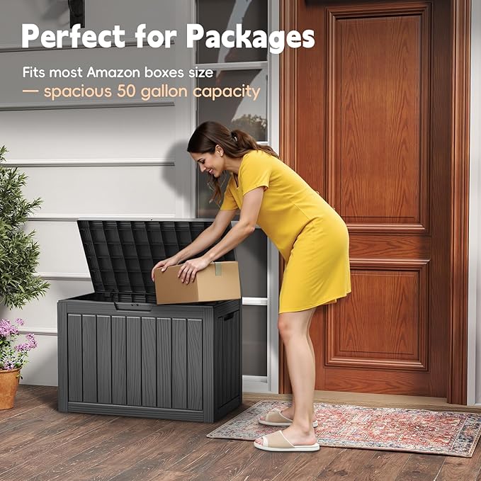 Outdoor Storage Box, 50 Gallon Waterproof Resin Deck Box, Storage Bin for Package Delivery, Patio Furniture Cushion, Garden Tools, Pool Accessories, Weatherproof and UV Resistant