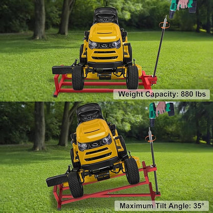 Lawn Mower Lift Jack, 880 lbs Capacity Lifting Jack for Garden Tractors, Riding Lawn Mower Maintenance Lift with Hand Crank and Power Extension Handle, Telescopic Maintenance Jack, Red