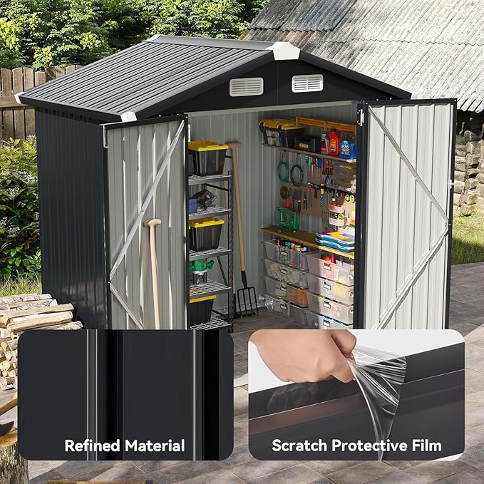 Aoxun 6.2x4 FT Shed Outdoor Galvanized Storage Shed with Large Lockable Doors for Lawn, Backyard, Patio (Black)
