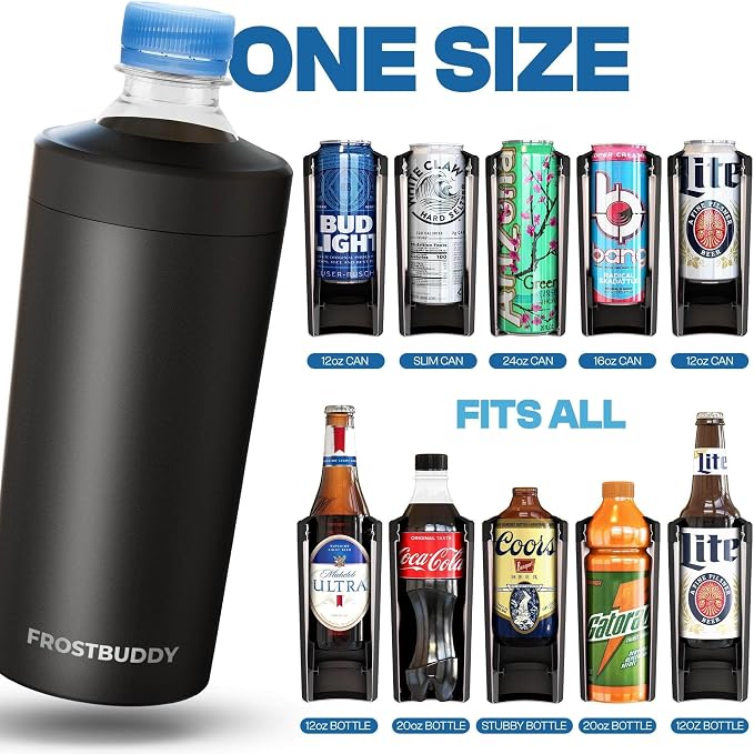Frost Buddy XL Can Cooler - Fits 12/16/20/24 oz Cans & Bottles | Keeps drinks chilled 12+ hrs | No sweat, no condensation | Fits slim & standard cans | Durable, portable design