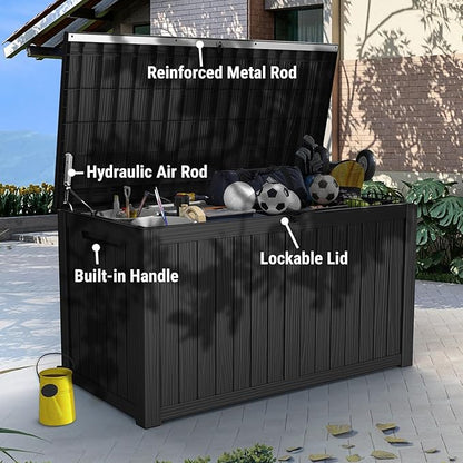 Mars Villa 180 Gallon Outdoor Storage Box, Large Resin Deck Box Waterproof, Storage Bin for Outside Patio Furniture Cushions, Pool Supplies, with Hydraulic Hinge, UV Resistant and Weatherproof, Black