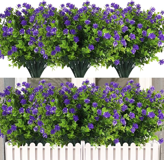 12 Bundles Artificial Flowers Faux Outdoor Plastic Plants UV Resistant Shrubs,Artificial Plants Outdoor Decorations for Patio Outdoor Fake Plants Spring Decorations for Home Front Porch Decor(Purple)
