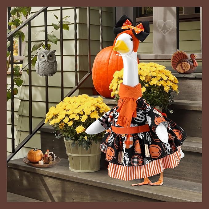 Thanksgiving Gingham Pumpkins Porch Goose Outfits for 23 Inch Lawn Statue, Fall Costume for Plastic/Cement Statue, Harvest Autumn Duck Sculpture Clothes for Yard Patio Party Decoration