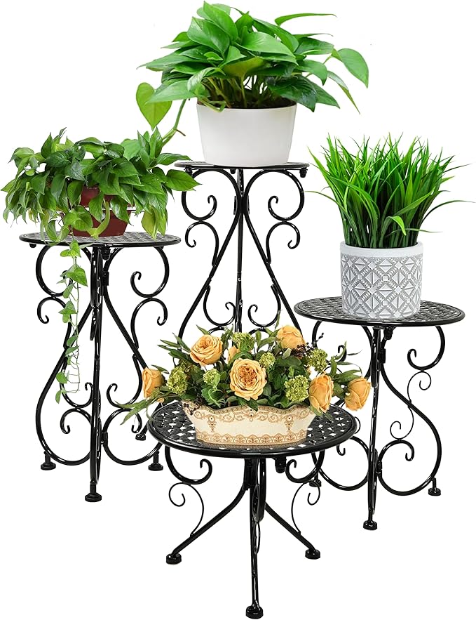 4-Pack Metal Plant Stand for Indoor Outdoor, Heavy Duty Flower Pot Stands for Multiple Plants, Rustproof Iron Planter Holder Display Shelf for Patio Home Garden Porch Balcony(Black)
