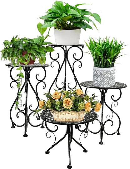 4-Pack Metal Plant Stand for Indoor Outdoor, Heavy Duty Flower Pot Stands for Multiple Plants, Rustproof Iron Planter Holder Display Shelf for Patio Home Garden Porch Balcony(Black)