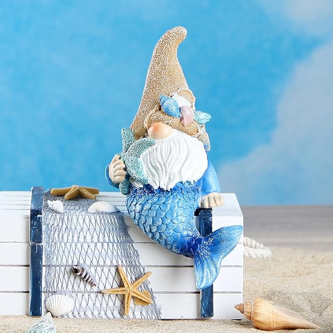 Leekung Mermaid Garden gnome Statue Outdoor Decor,Mermaid gnome Figurine for Outside Indoor Patio Lawn Yard Porch Shelf Bookshelf Edge Table windowsill Decoration,Beach Ocean Sculpture