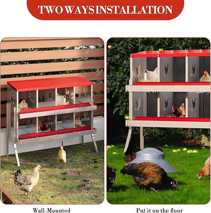 Chicken Nest Box, 8-Compartment Egg-Laying Box, Metal Hen House, Convenient for Collecting Eggs - Ventilated Poultry House Equipment - Suitable for Hens, Ducks Red, Without Stand