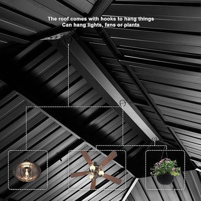 PURPLE LEAF 12' X 24' Outdoor Large Gazebo with Galvanized Steel and Light for Lawn and Garden Permanent Hardtop Gazebo Grey