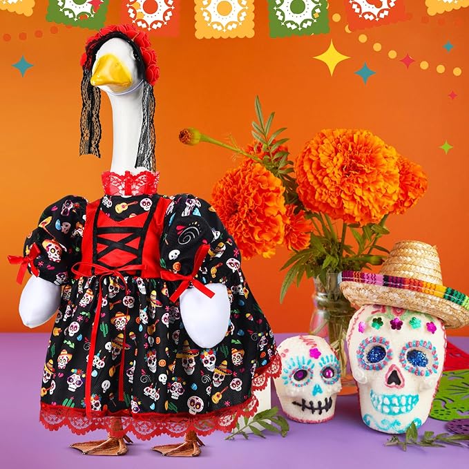 Suzile Halloween Goose Outfit Dresses Clothes for 23" Dia De Los Muertos Cement or Plastic Porch Goose Costume for Yard Lawn Outdoor Garden Patio Statue Halloween Holiday Decor