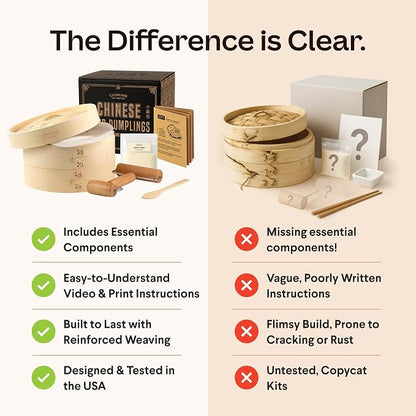 Cooking Gift Set Co. Bamboo Steamer Basket - 2 Tier Dumpling Kit, 6 Piece | Xiao long bao kit, dumpling steamer, cooking gifts for women, mother's day gift, FDA food-contact, BPA-free