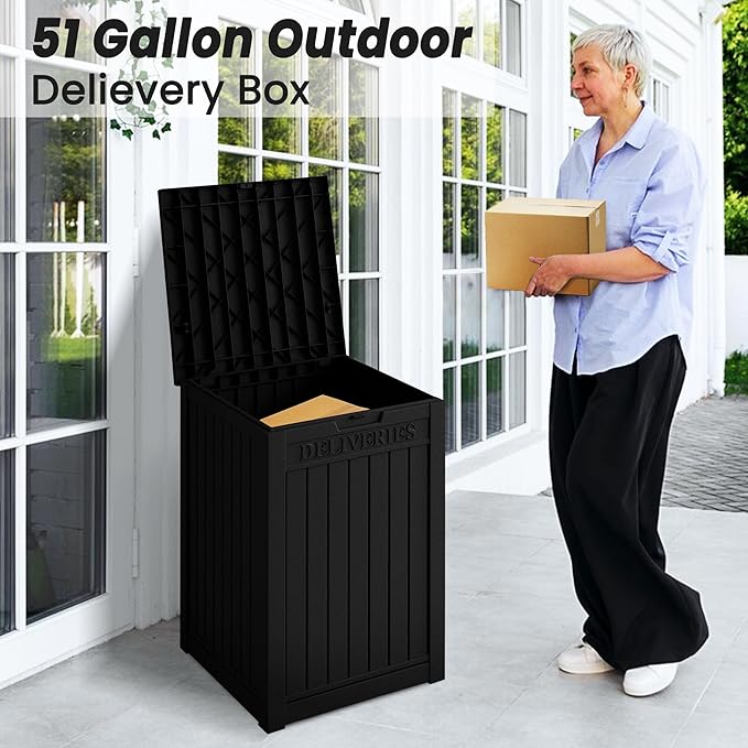 55GAL Black Outdoor Deck Box with Lock - SGS - Certified UV Protection, Weatherproof for All - Season Use, Great for Storing Tools and Small Items, Easy to Assemble