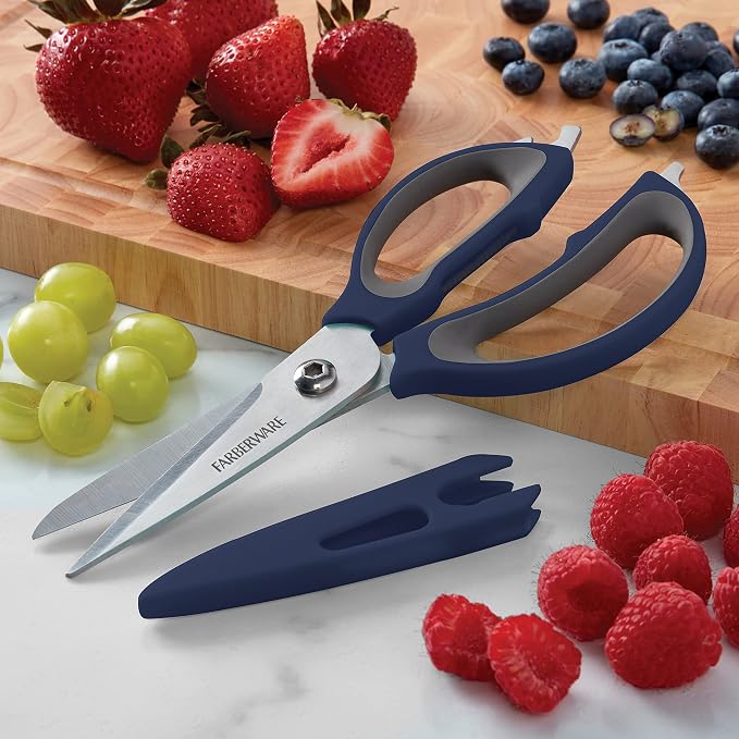 Farberware 4-in-1 Kitchen Scissors, Multi-Function Kitchen Shears with Jar Opener, Bottle Opener and Screwdriver, High-Carbon Stainless Steel Blades, Navy and Grey Ergonomic Handles with Sheath